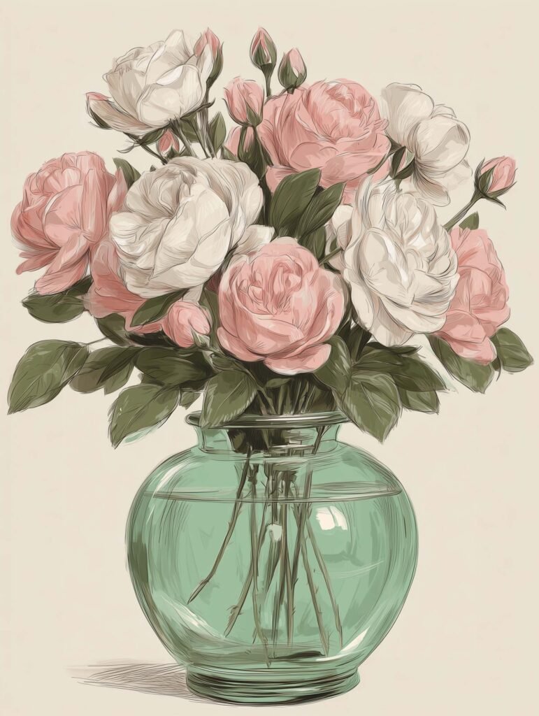 Illustrated art print of pink and white peonies in a glass vase