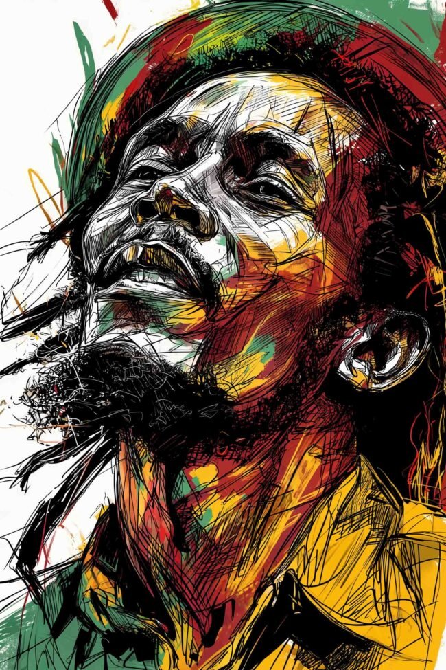 Bold Bob Marley portrait with red, green, and yellow strokes