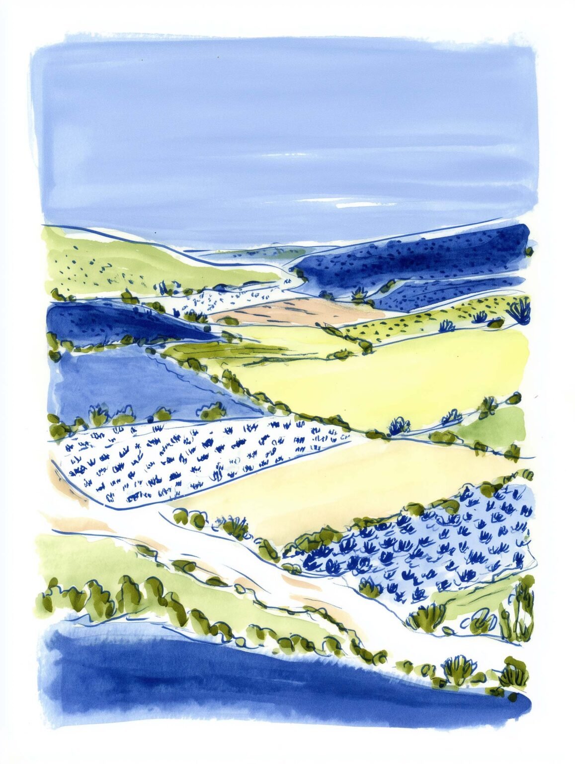 Patchwork hills poster in blue and green tones