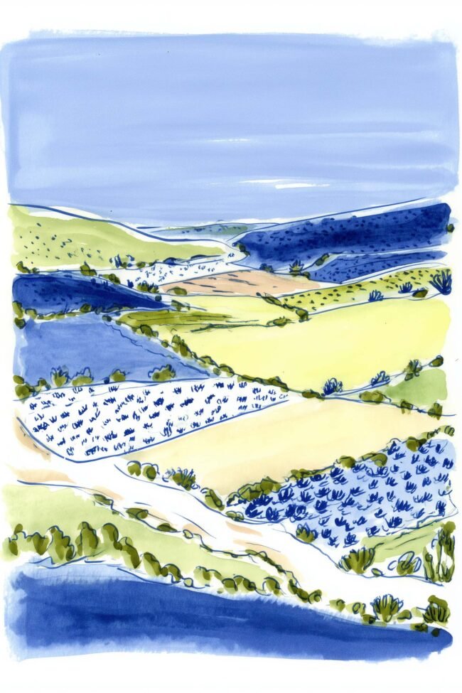 Patchwork hills poster in blue and green tones