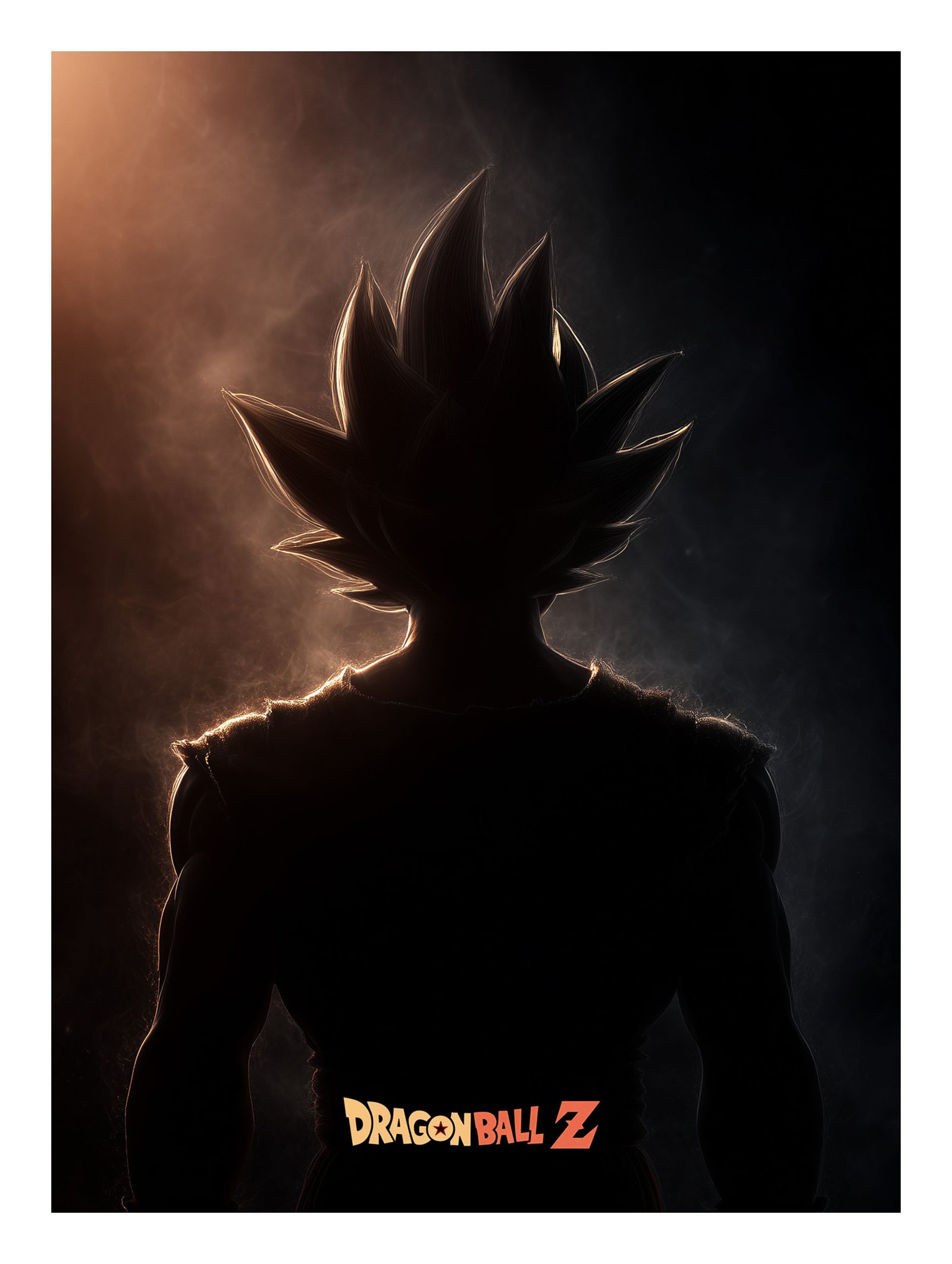 Cinematic anime poster of a dark silhouette of Goku with glowing aura
