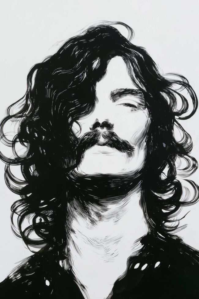 Poster of a long-haired figure in bold monochrome lines