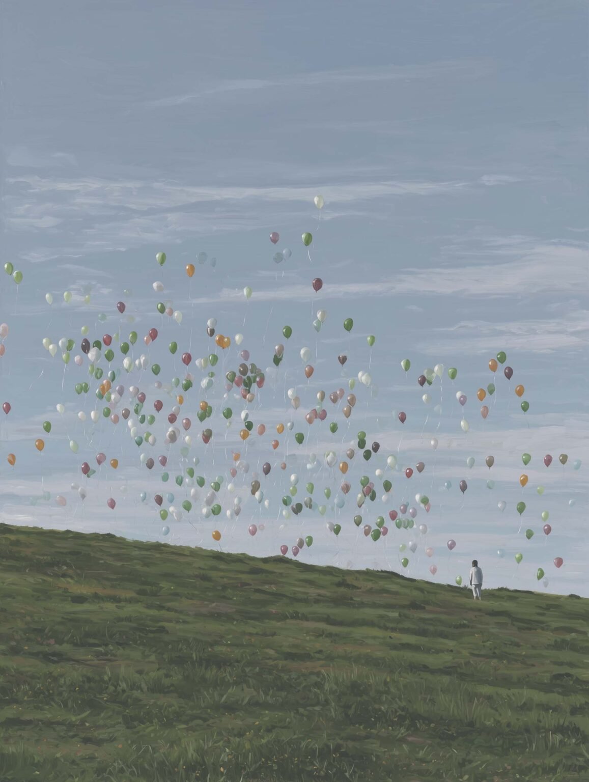 Poster with dozens of balloons floating into a clear blue sky