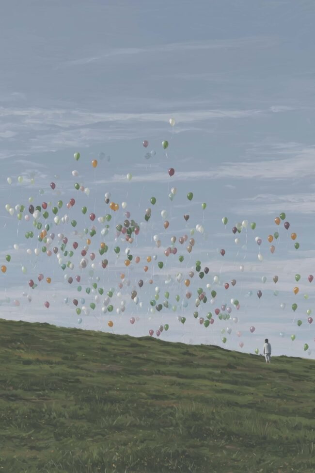 Poster with dozens of balloons floating into a clear blue sky