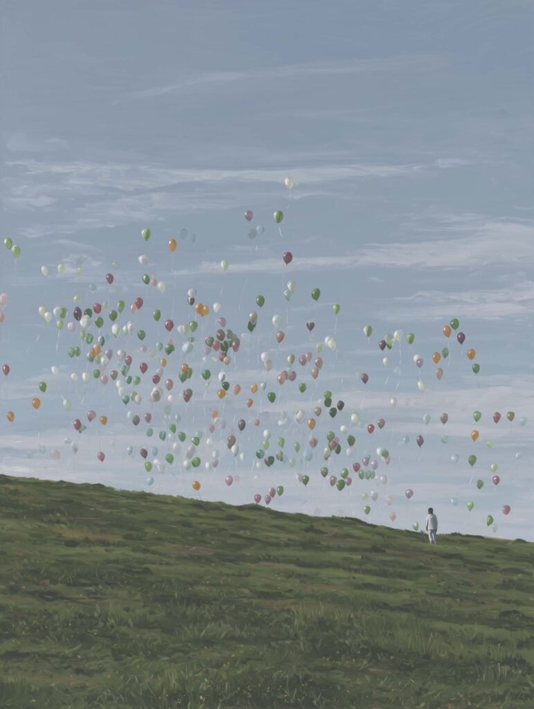 Poster with dozens of balloons floating into a clear blue sky