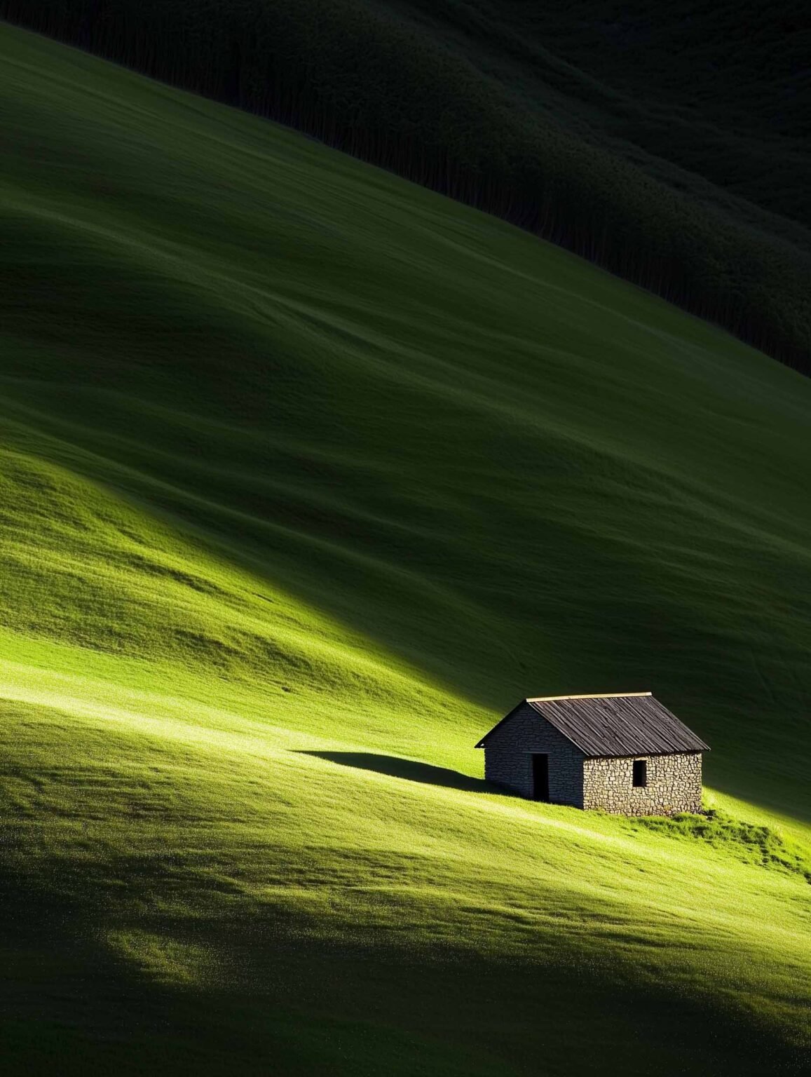 Poster of a sunlit hut on a green hillside