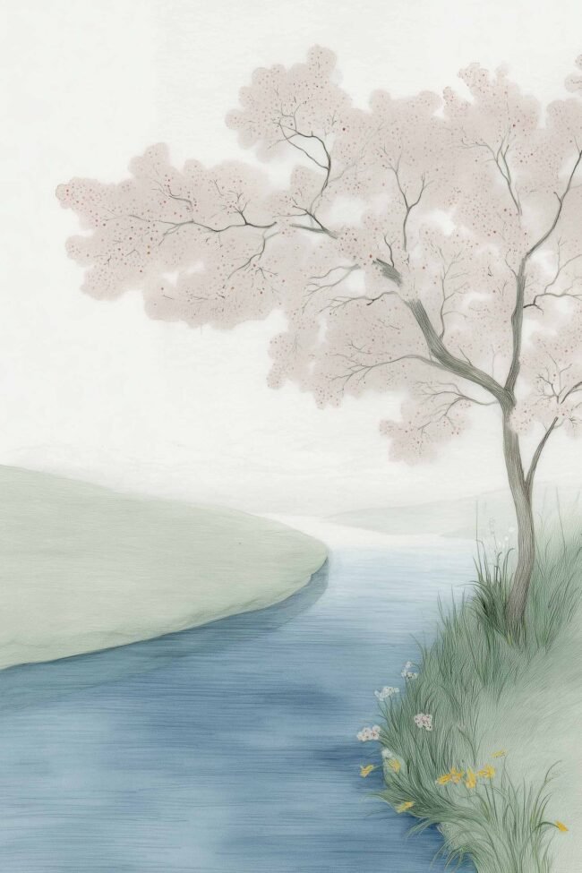Poster of a blossoming tree by the river