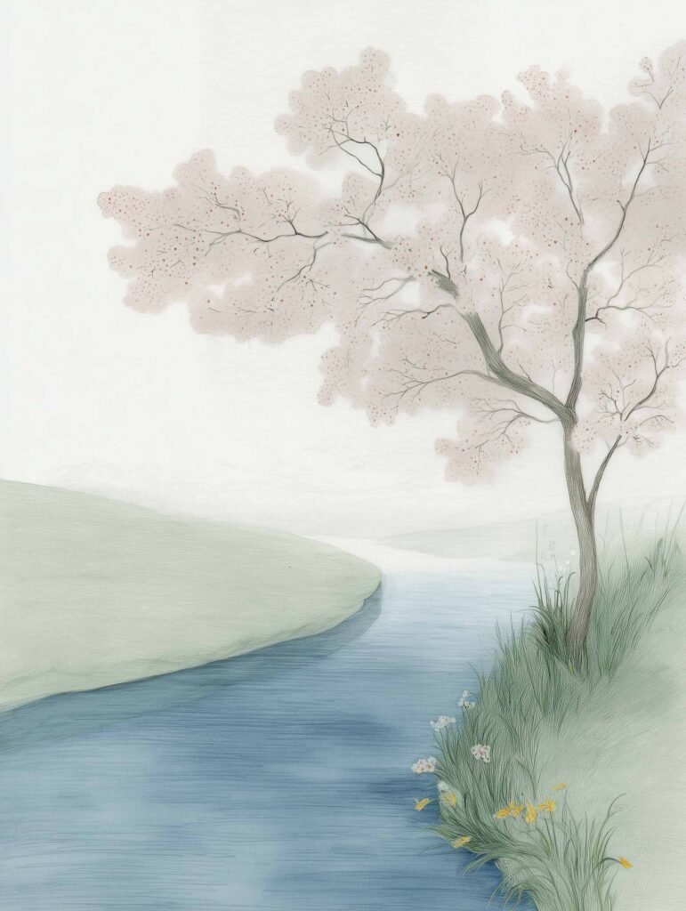 Poster of a blossoming tree by the river