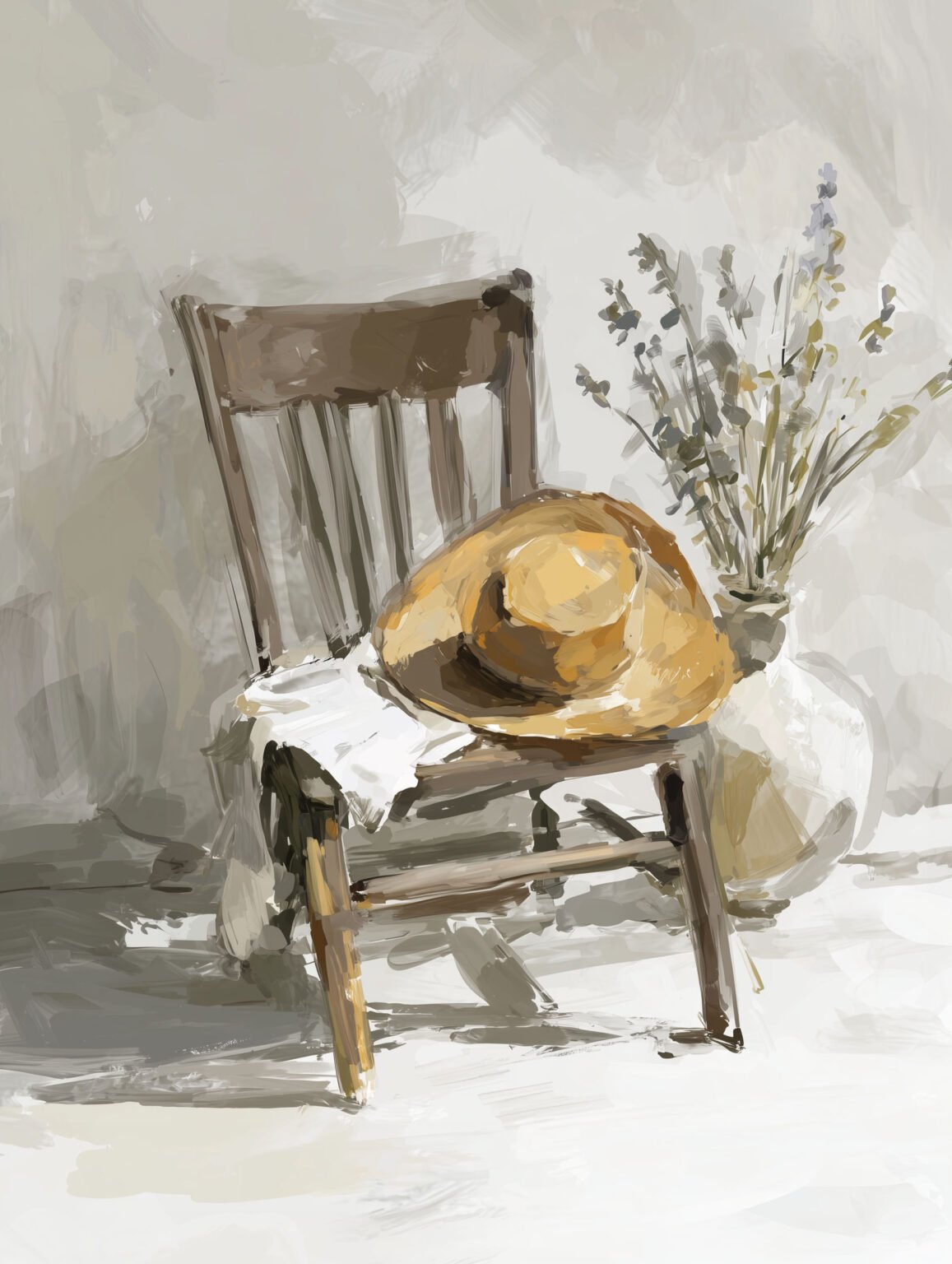 Poster of a wooden chair with straw hat and lavender