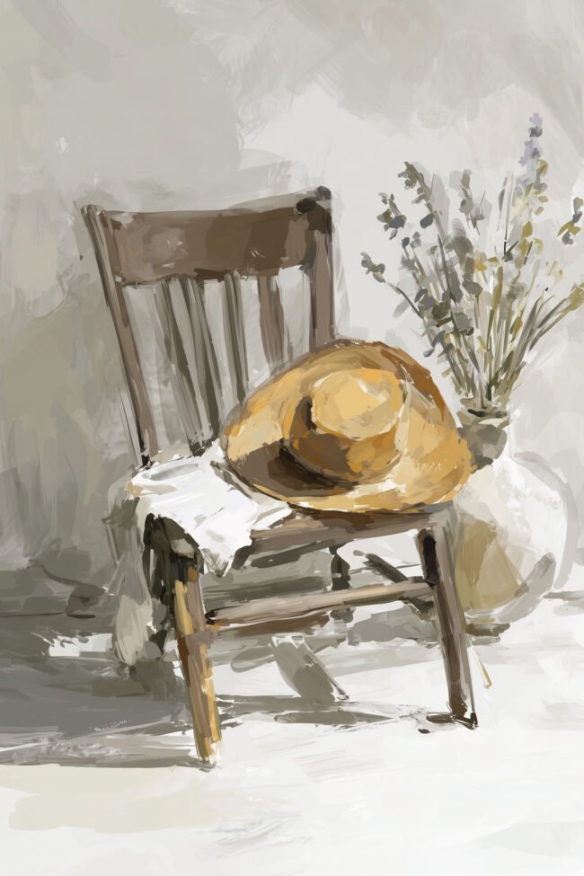 Poster of a wooden chair with straw hat and lavender