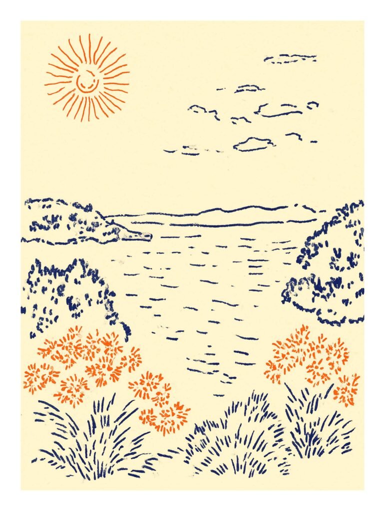 Minimal line art with trees, lake, and sun