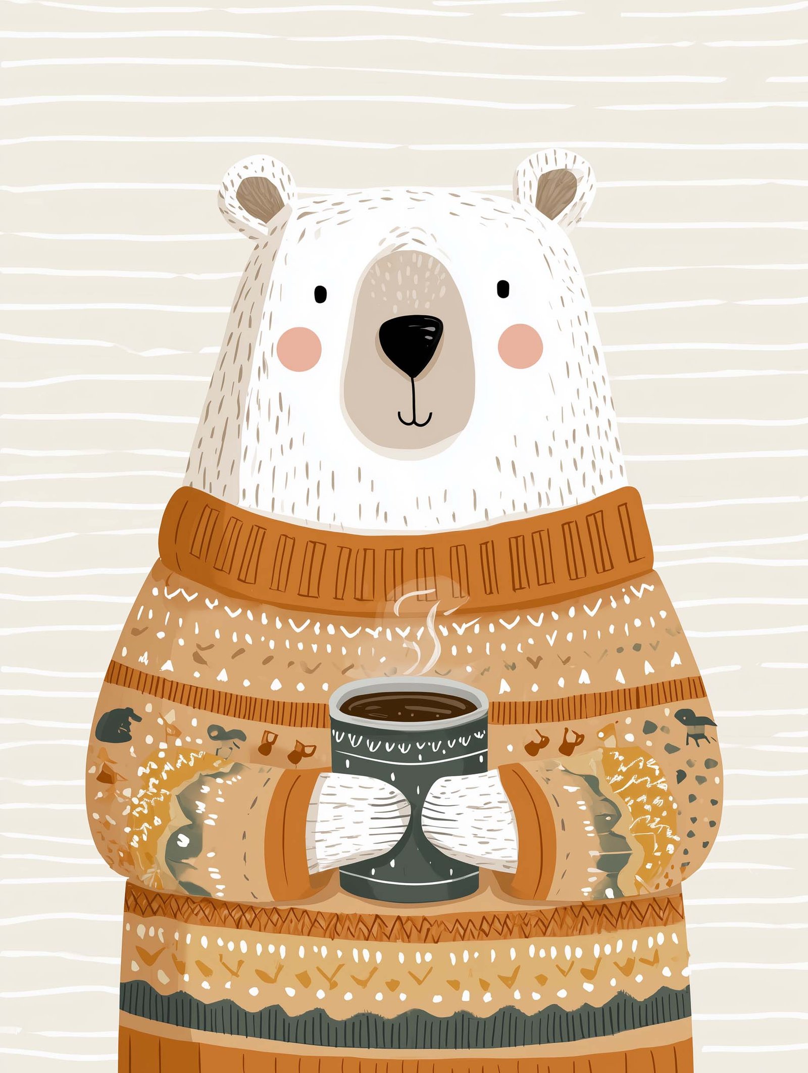Polar bear in knitted sweater with coffee