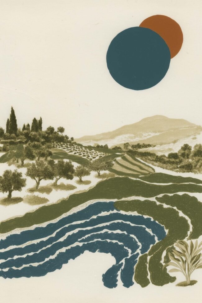 art print with terraced fields in olive green and deep blue bands