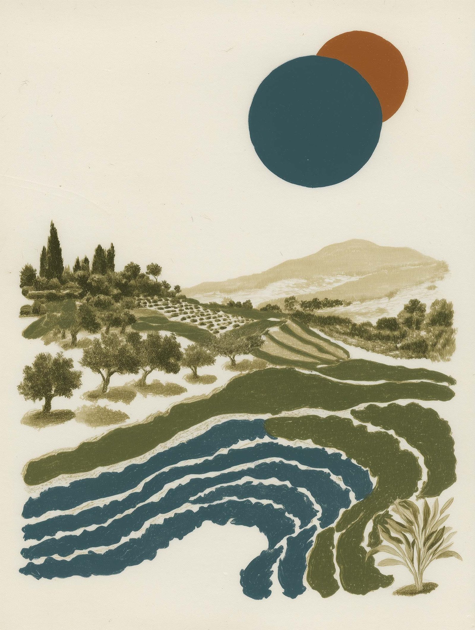 art print with terraced fields in olive green and deep blue bands