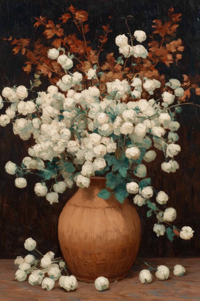 Art poster of white flowers in a terracotta vase
