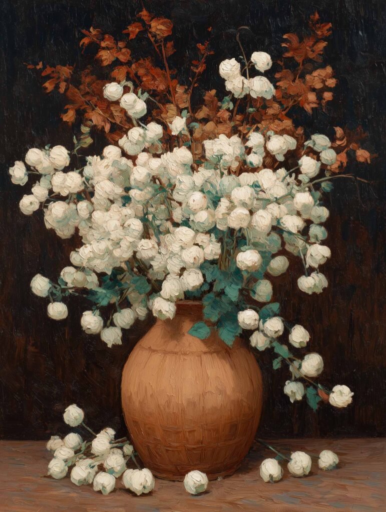 Art poster of white flowers in a terracotta vase
