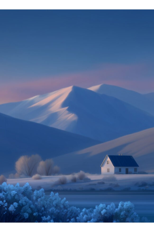 Snowy cabin and glowing mountain peaks