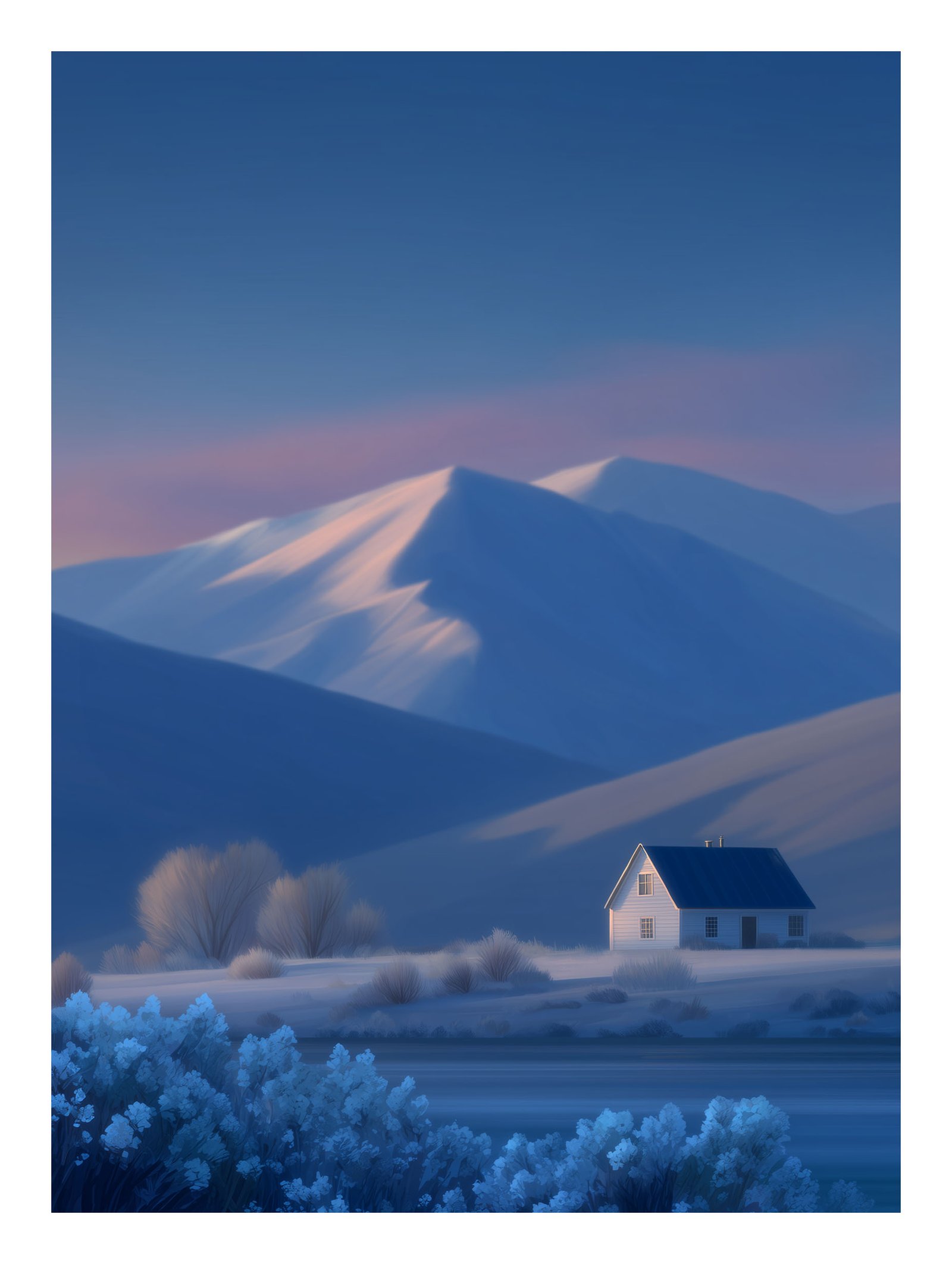Snowy cabin and glowing mountain peaks
