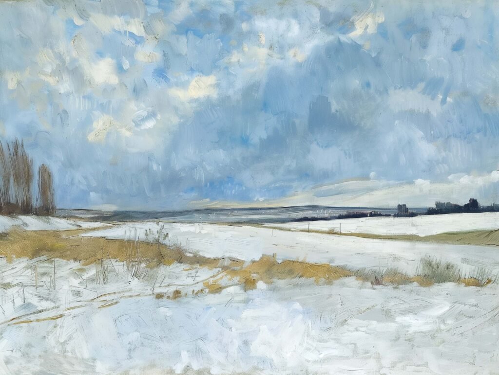 calm winter day with a wide sky above a snowy land