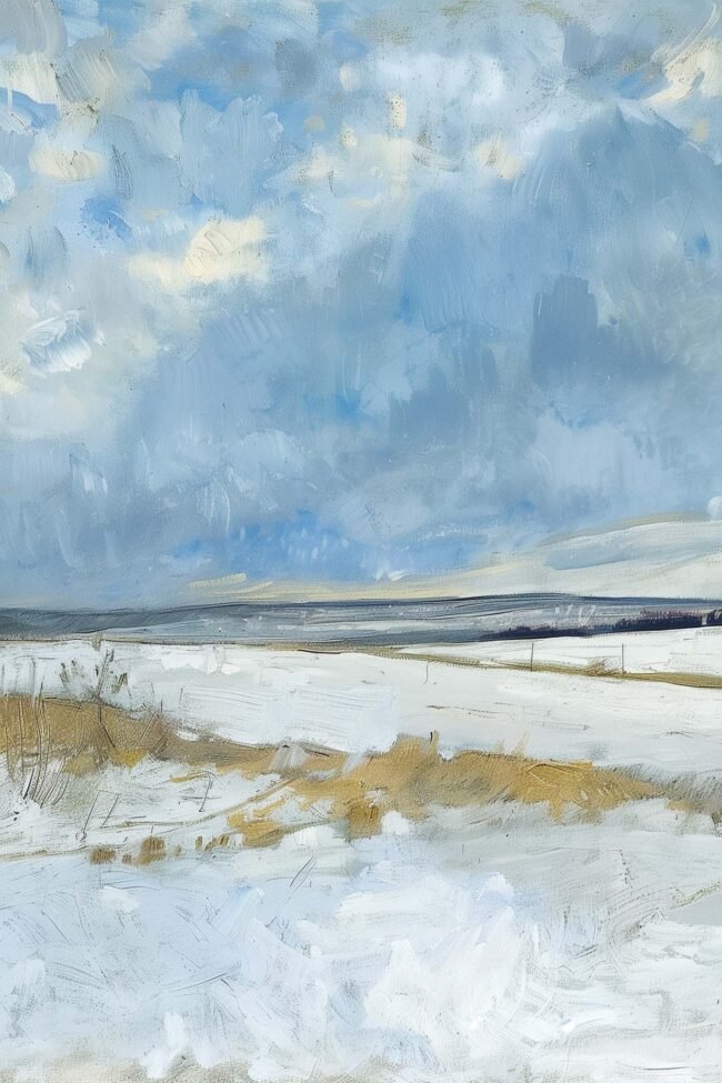 calm winter day with a wide sky above a snowy land