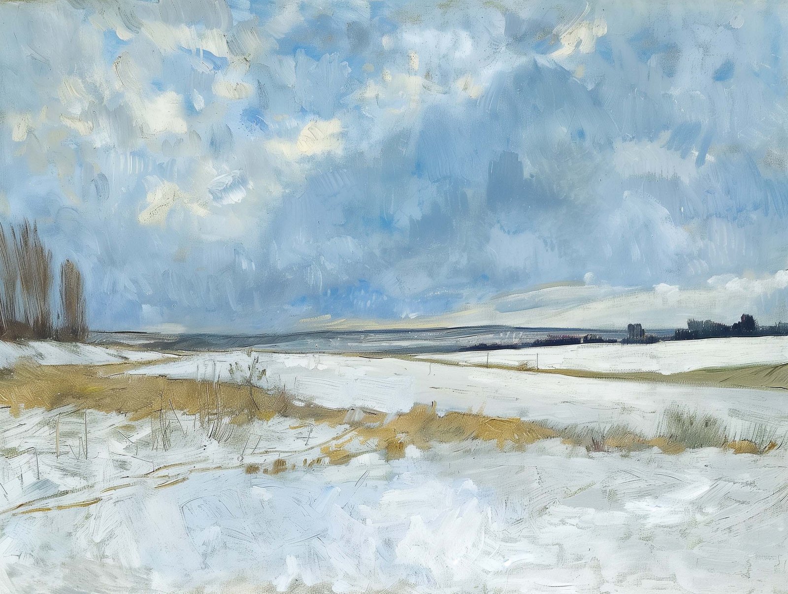 calm winter day with a wide sky above a snowy land