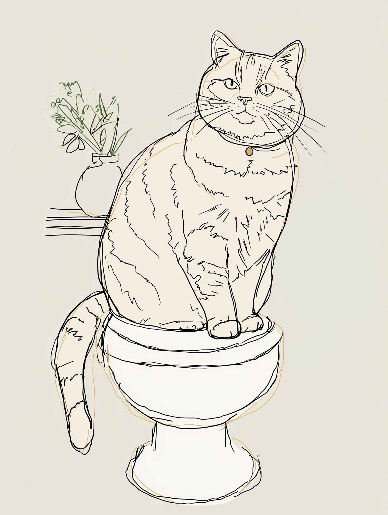 Whimsical line art illustration of a cat sitting proudly on a toilet.