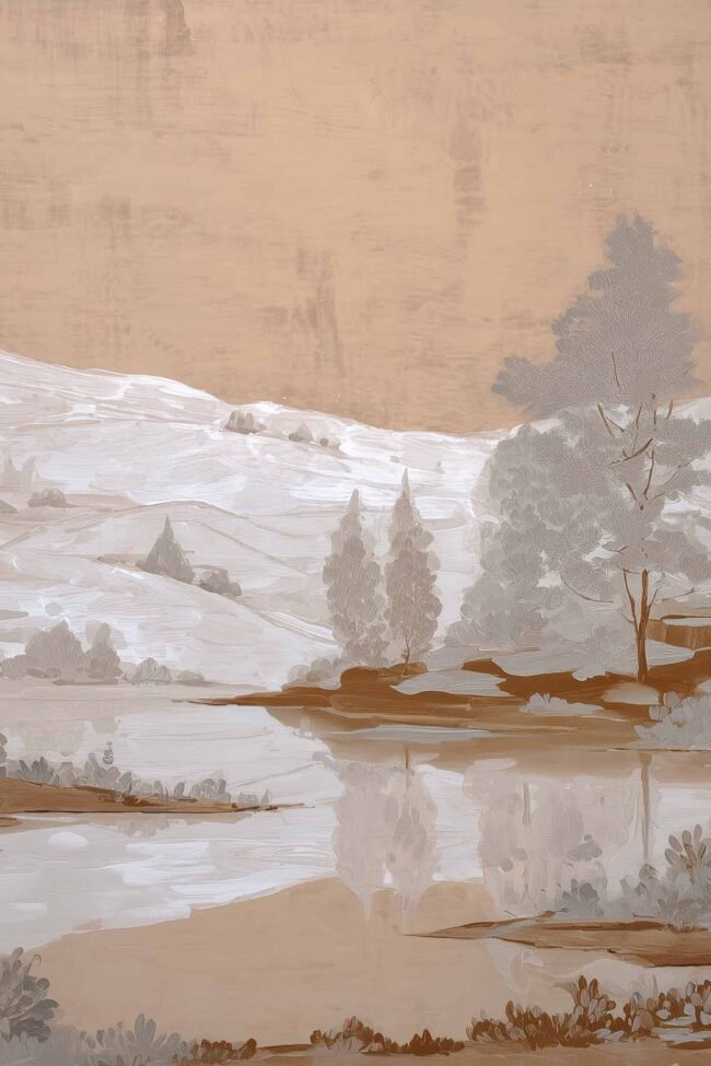 Hand-painted landscape in beige, white, and earthy brown shades poster