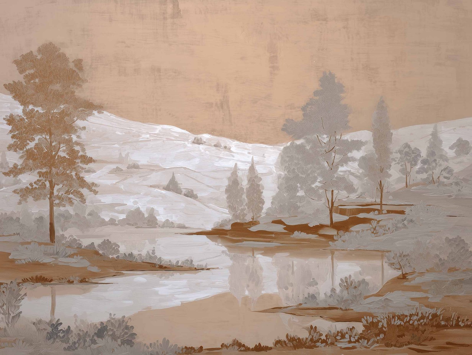 Hand-painted landscape in beige, white, and earthy brown shades poster