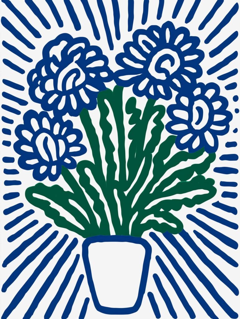 Minimalist flower illustration with radiant sunray lines.