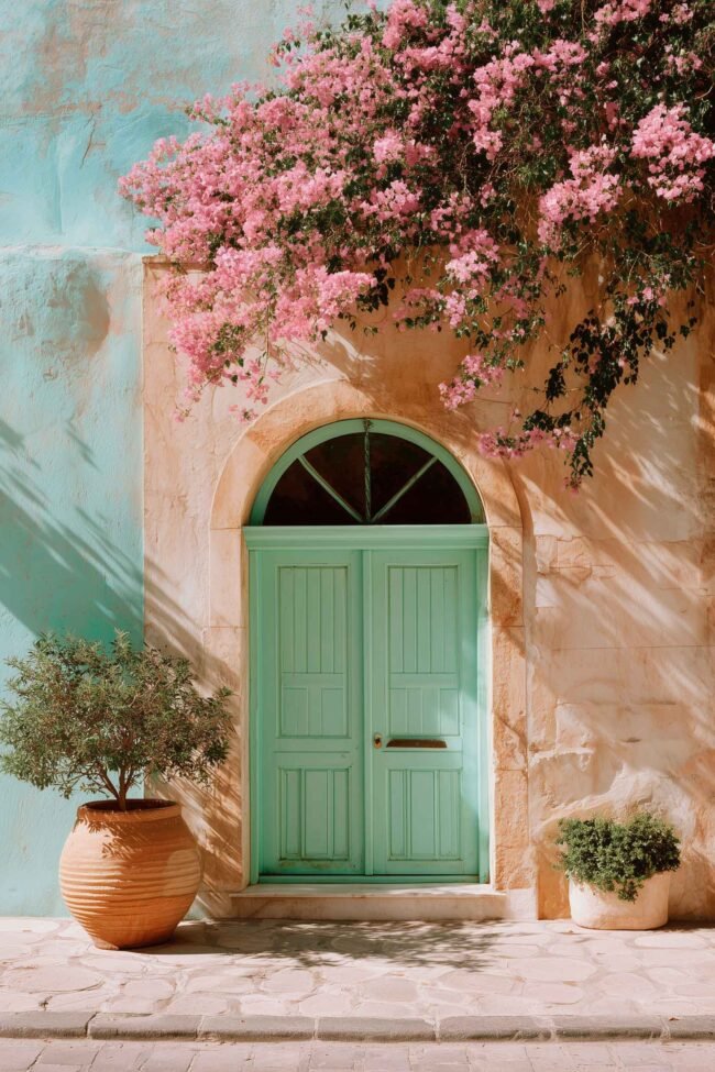 Mediterranean façade with mint door and pink bougainvillea