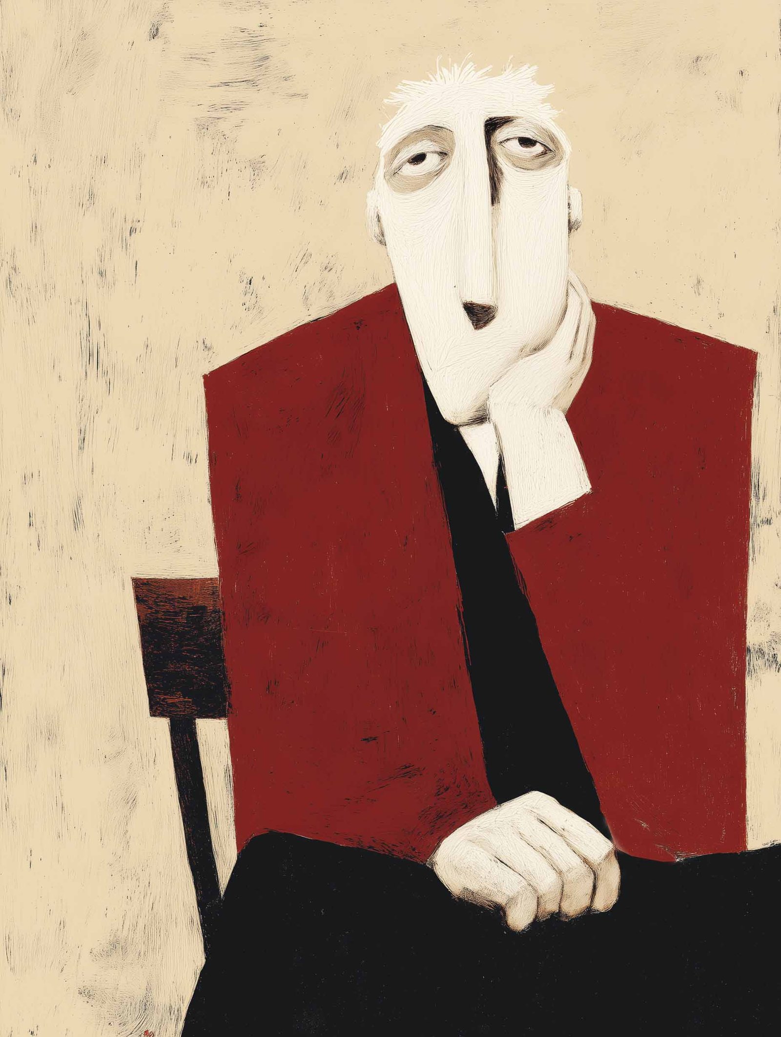 poster of a seated man in a red coat