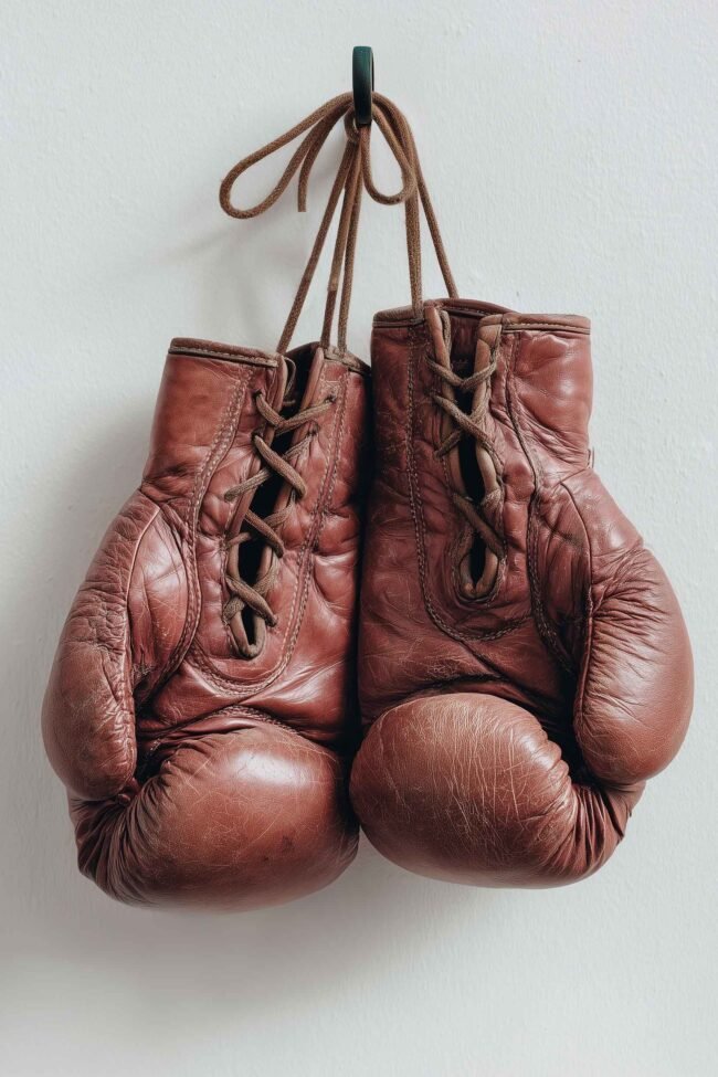 vintage boxing gloves hanging on a white wall