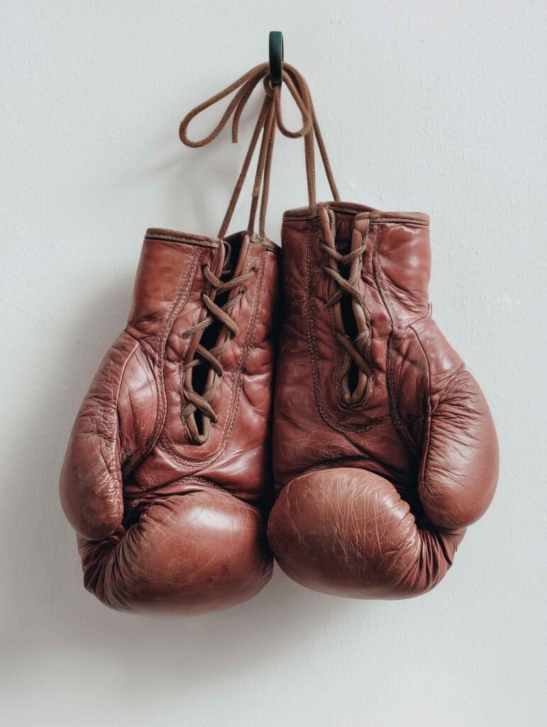 vintage boxing gloves hanging on a white wall