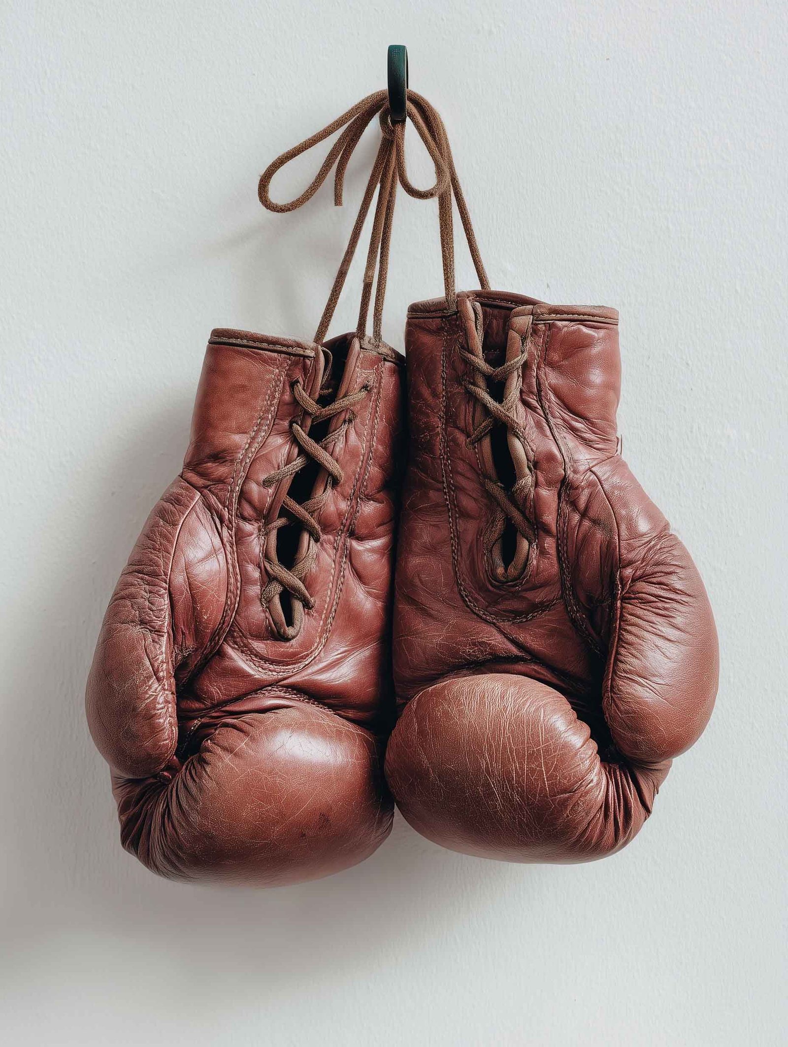 vintage boxing gloves hanging on a white wall