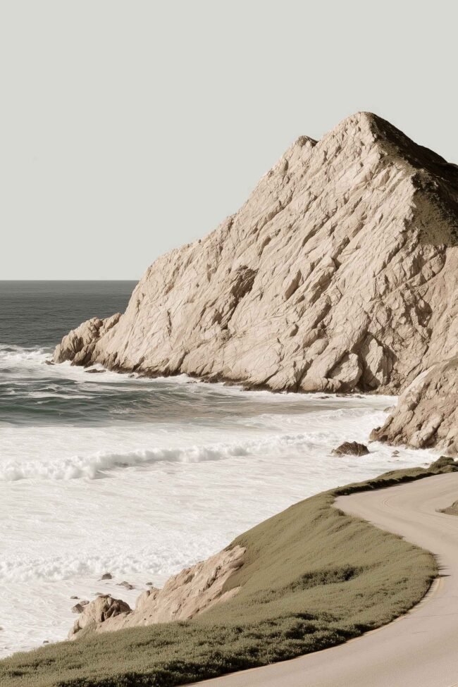 poster of a winding coastal road at sunset