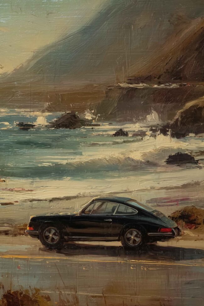 Timeless art print of a Porsche 911 on a scenic coast