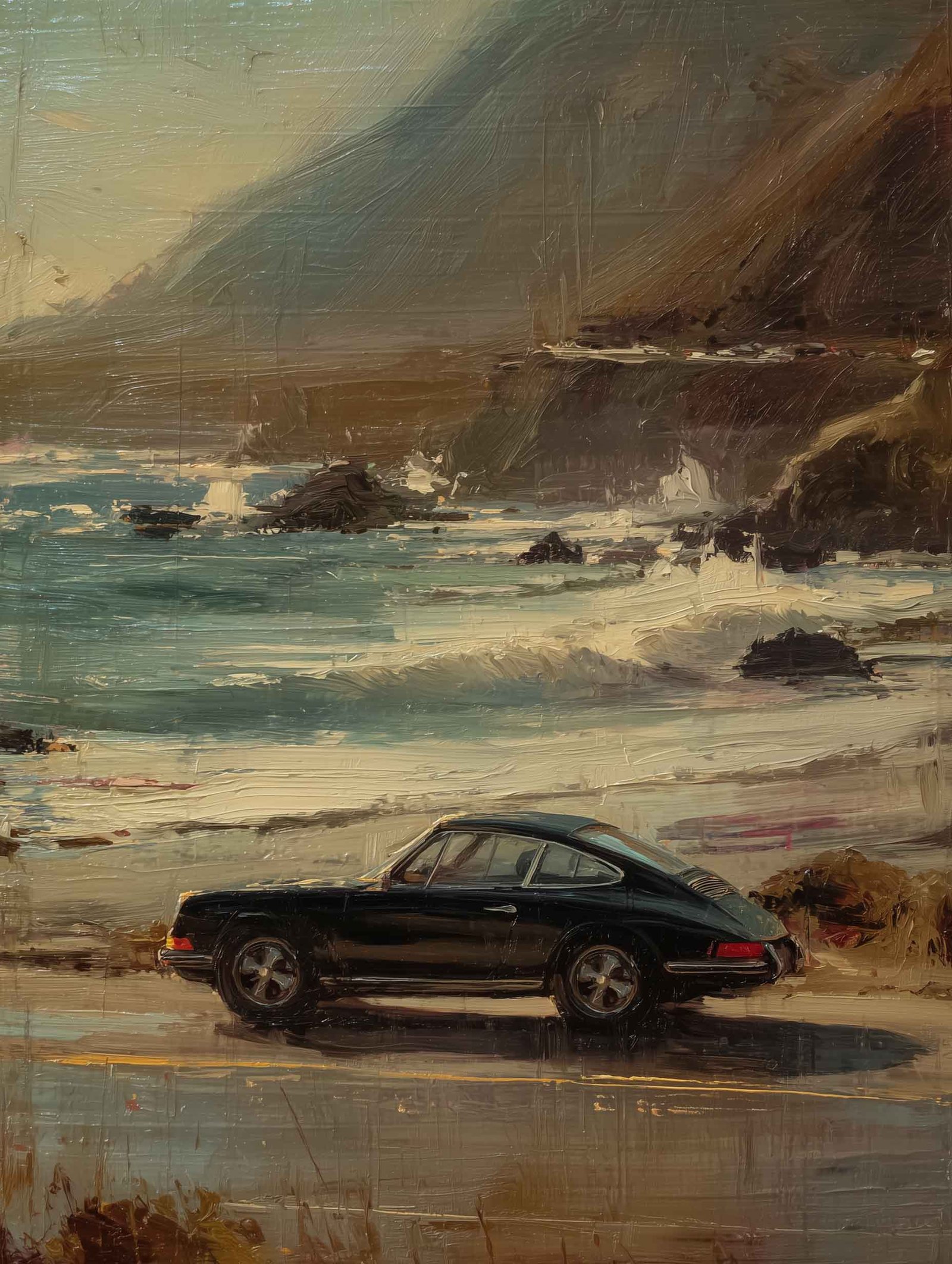 Timeless art print of a Porsche 911 on a scenic coast