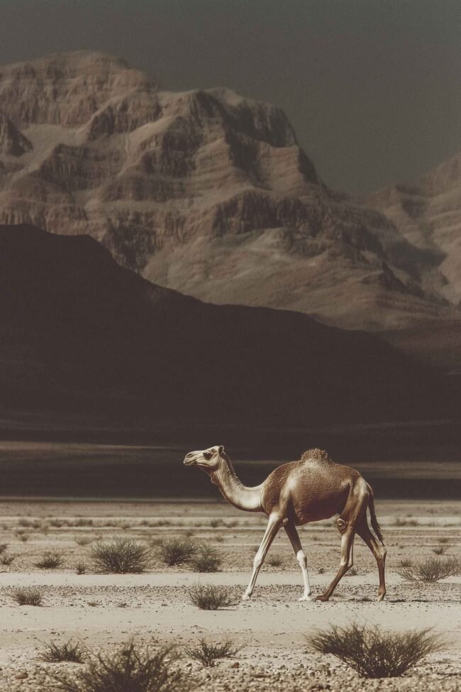 Serene desert scene in soft pastel tones