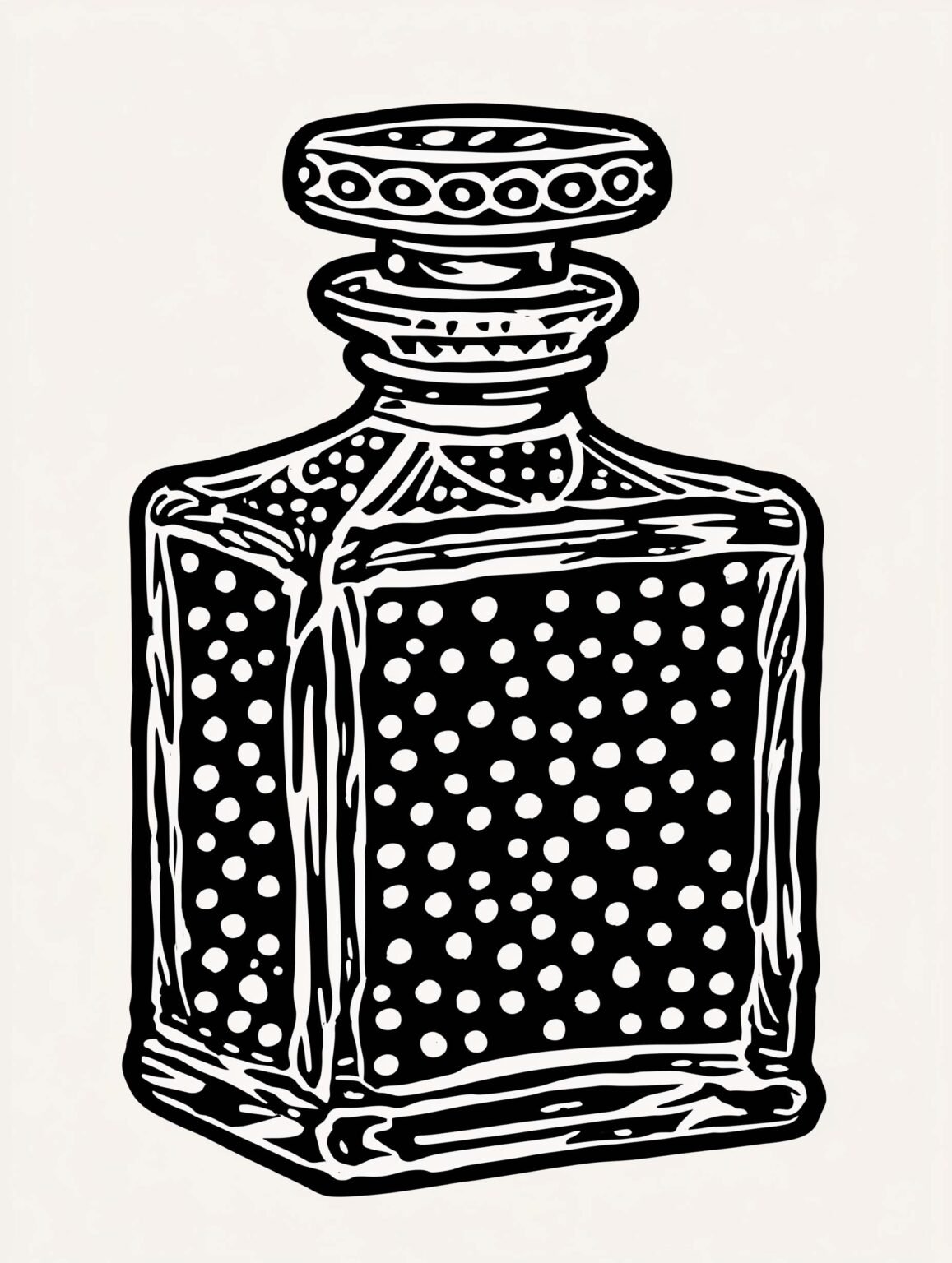 Monochrome vintage illustration of a 1960s perfume bottle.