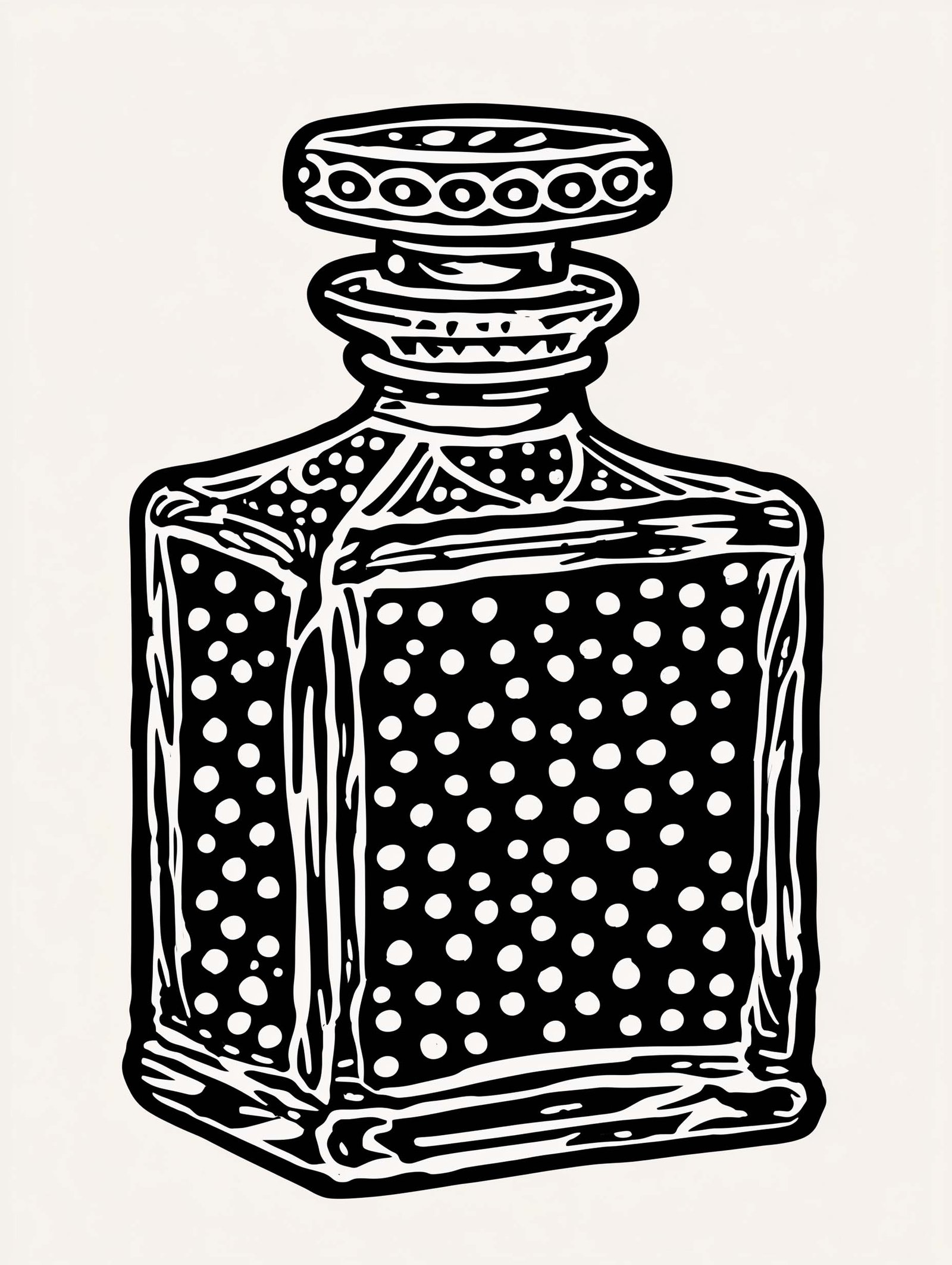 Monochrome vintage illustration of a 1960s perfume bottle.