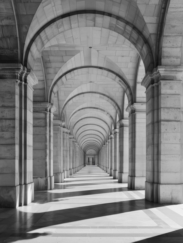 poster of repeating stone arches in monochrome