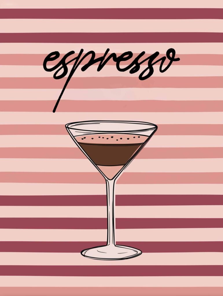 Fun espresso martini illustration with bold lettering.