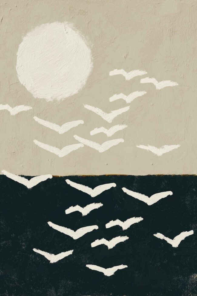 Poster of birds in flight beneath the moon in neutral tones