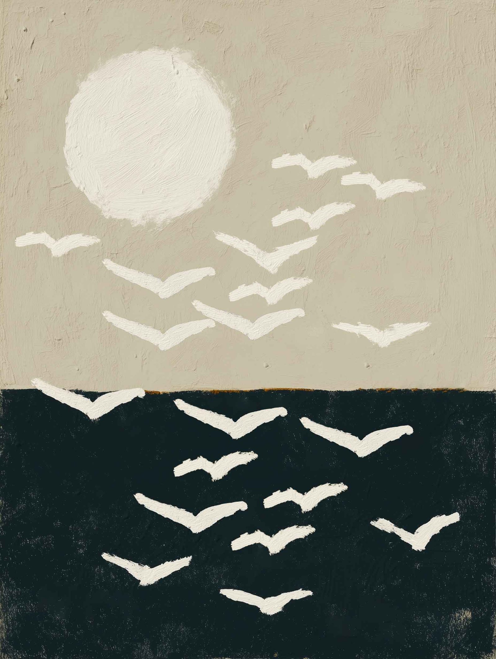 Poster of birds in flight beneath the moon in neutral tones