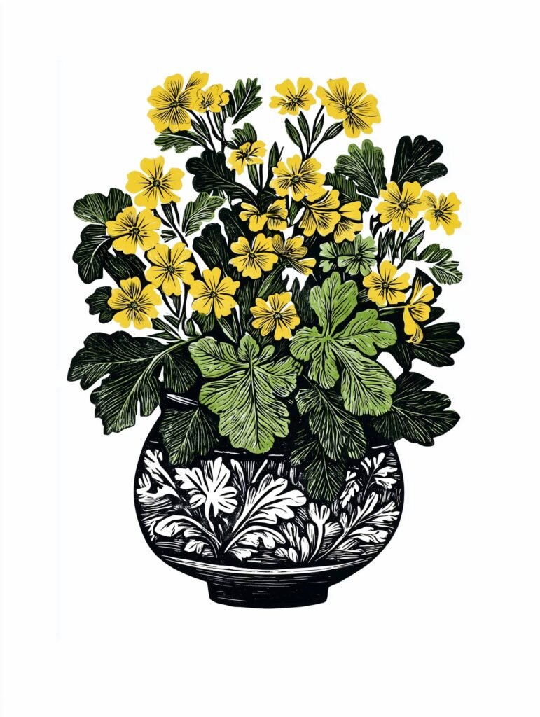 Art print of yellow flowers in a patterned vase