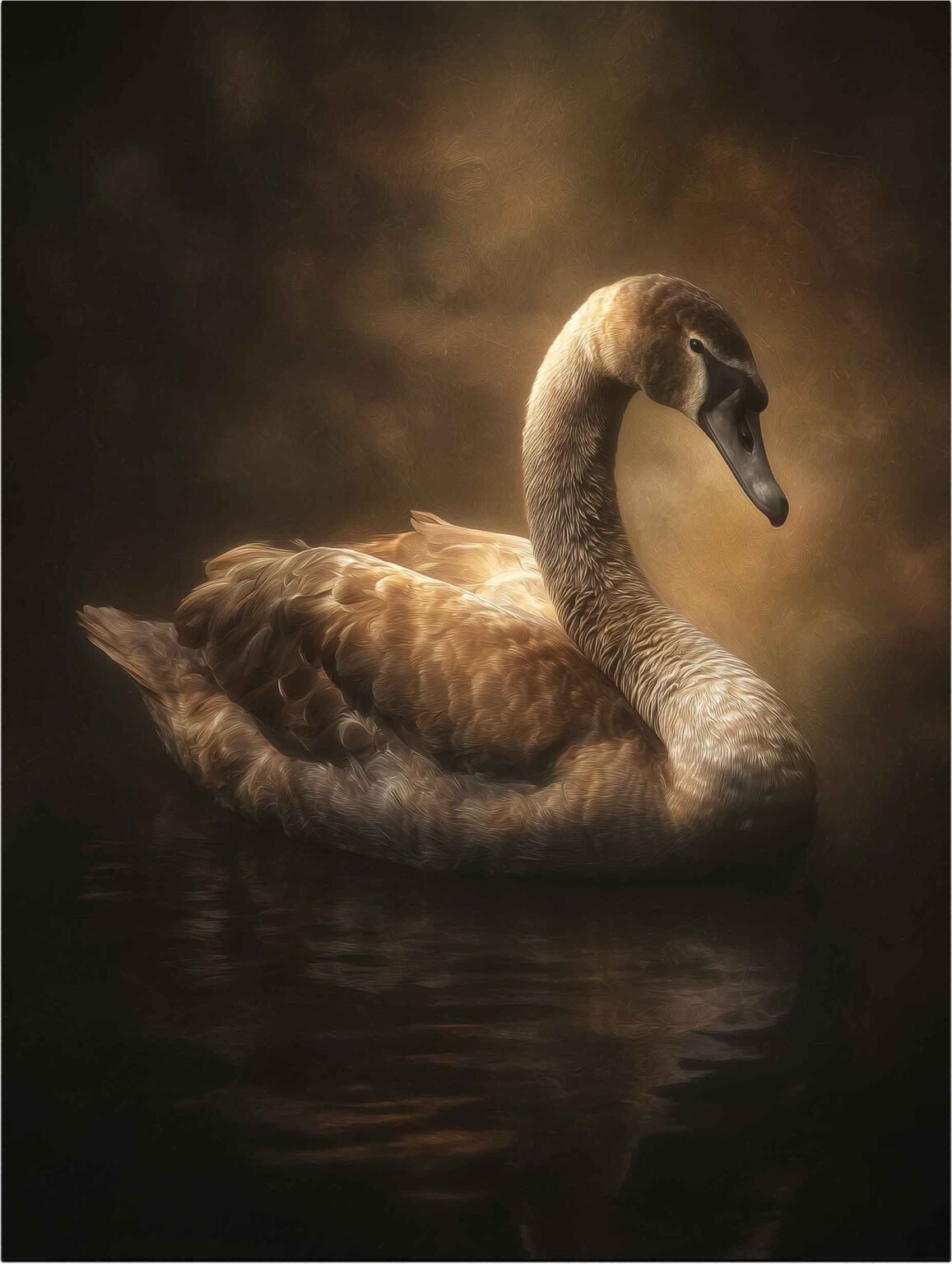 Elegant art print of a swan in warm sepia tones
