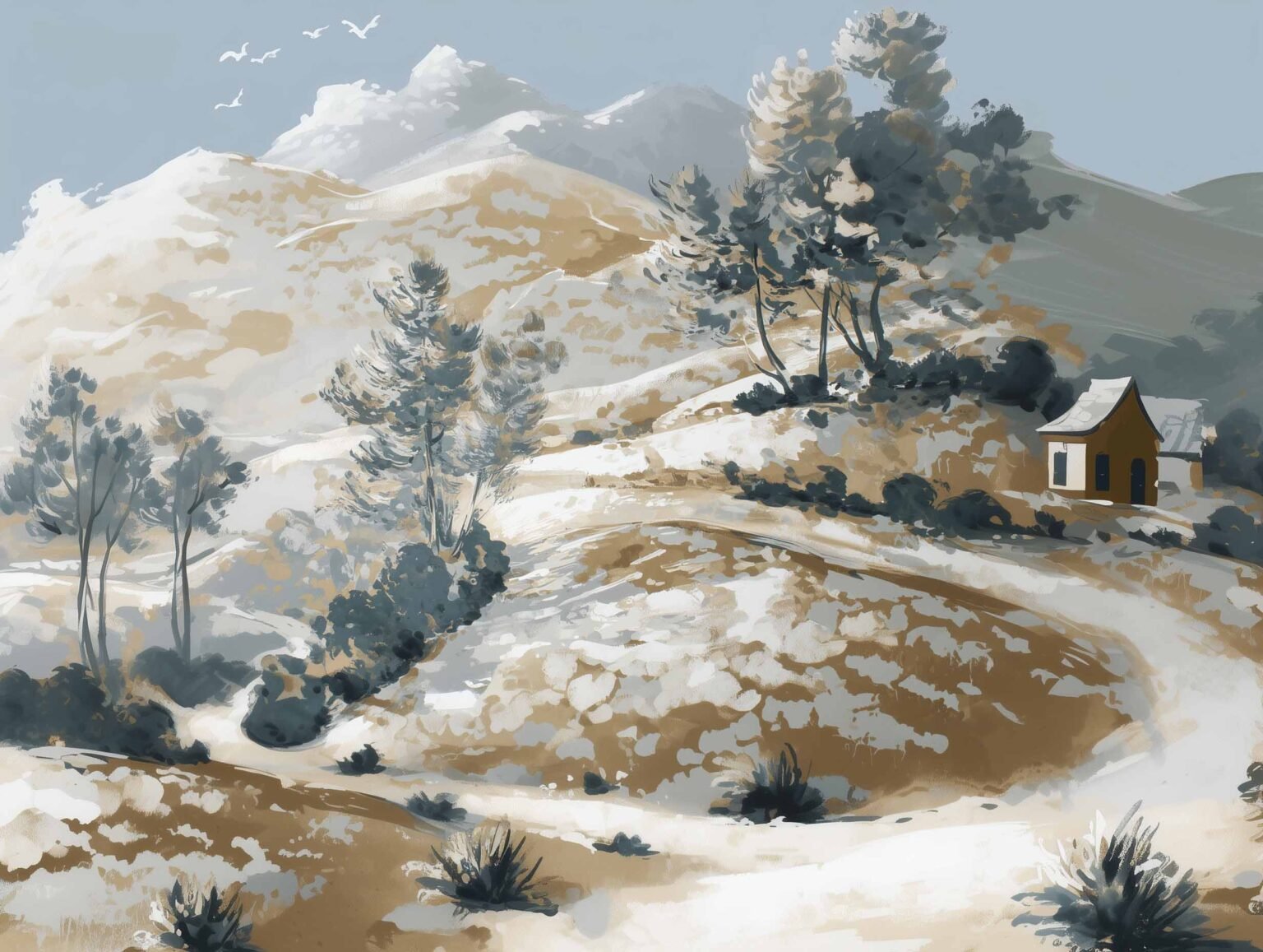 village scene in soft earthy tones