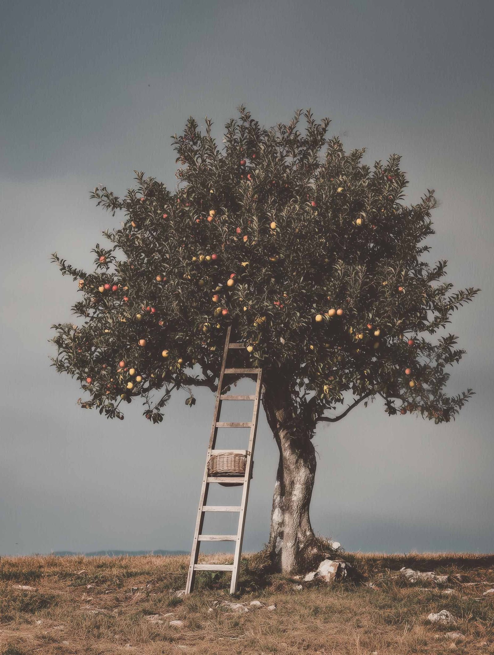 Cinematic apple tree print with warm tones and timeless countryside charm