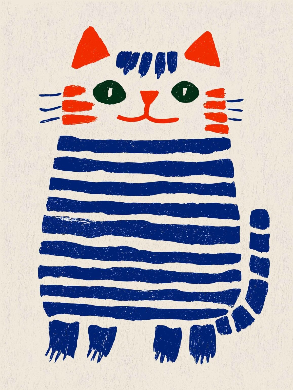 cartoon cat with bold red and blue stripes