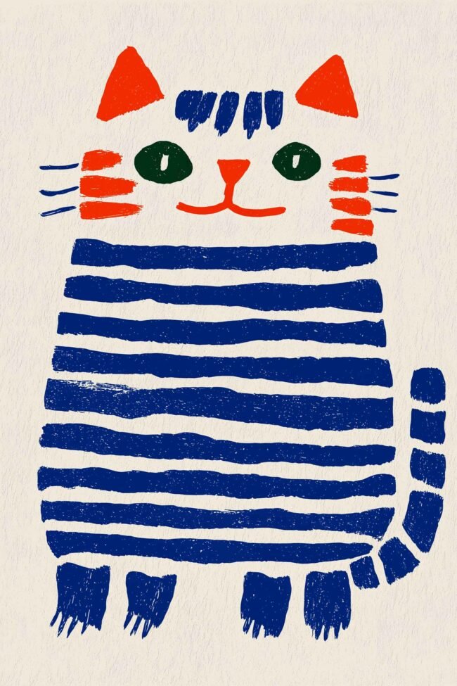 cartoon cat with bold red and blue stripes